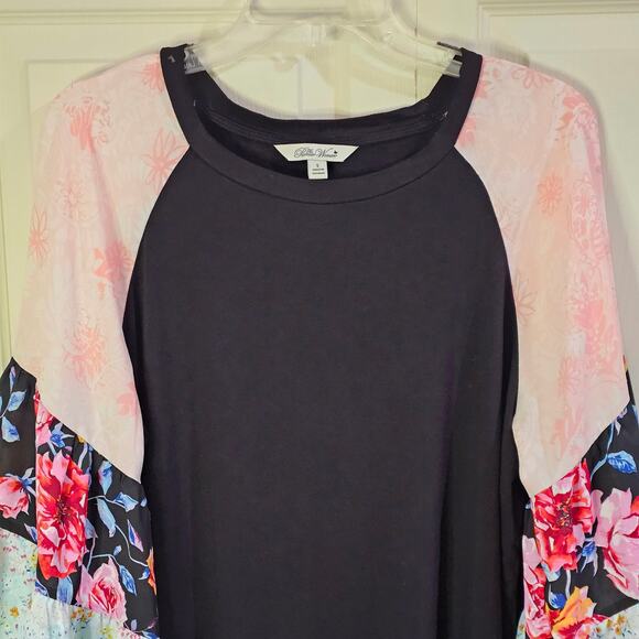 Pioneer Woman Blouse Sz L Boho Cottagecore Festival Floral Sleeve Black Top - Picture 2 of 9